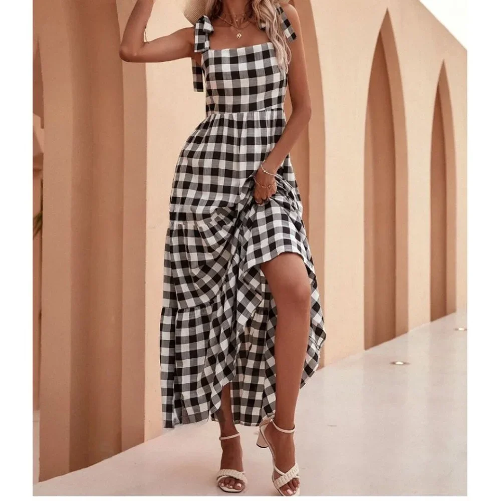 Boho Knot Strap Flounce Hem Gingham Dress Black/White - Picture 4 of 6